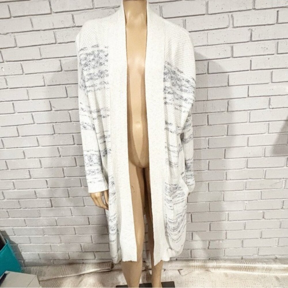 Pure Jill Soft Marled Open-Front Textured Cardigan Sweater – White & Gray - Larg
